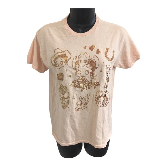 Betty Boop salmon peach gold graphic print‎ western themed tshirt size XS new - Picture 11 of 15